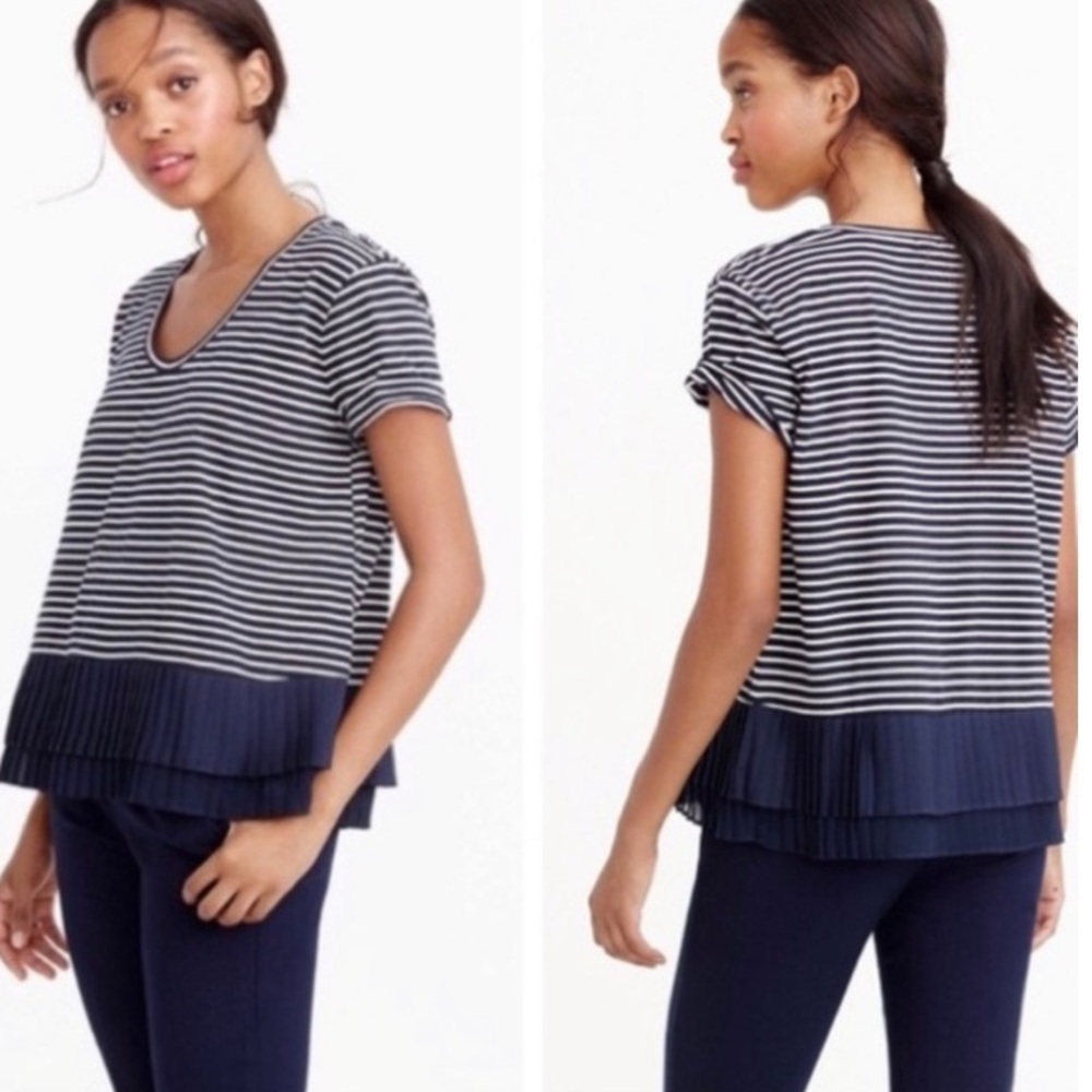 J. Crew Womens Blue Striped Cotton Top Pleated Hem Sz XL Preppy Nautical Coastal